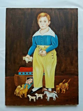 Vintage American Folk Art Oil On Canvas Painting Of Boy & Noah 