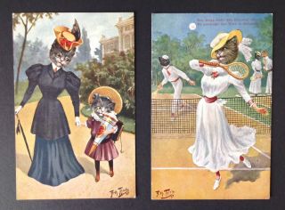Vintage Signed Arthur Thiele Cat Postcards (2) T.  S.  N.  Series 851 - Tennis,  Stroll