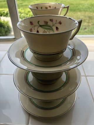 VTG SYRACUSE OLD IVORY CORALBEL O.  P.  CO.  PLATINUM TEAPOT 6 FOOTED CUPS & SAUCERS 3