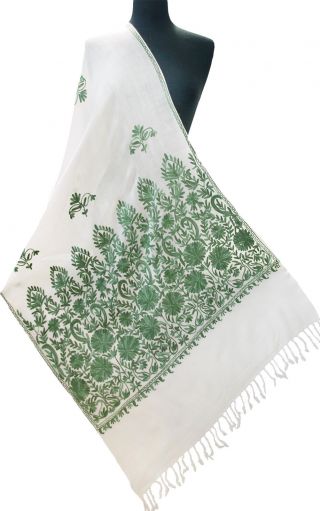 Green Crewel Embroidered Ivory Wool Shawl Pashmina Style Kashmir Stole 80 " X28 "