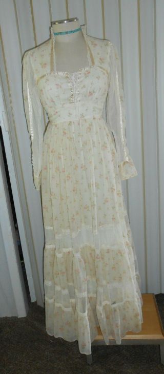 Gunne Sax Jessica 5/7 Small Prairie Long Boho Hippie Maxi Dress Ivory Floral 32