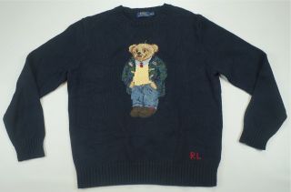 Rare Vintage Polo Ralph Lauren Cardigan Bear Rl Sweater 90s Retro Navy Blue Sz M