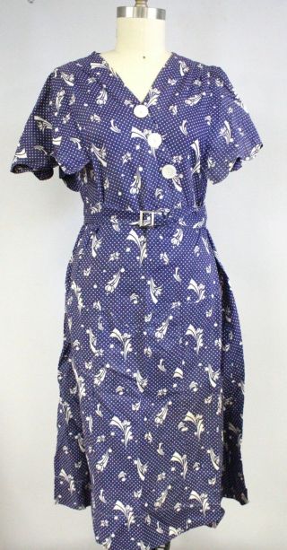 1930s Cotton House Dress M L Vintage Navy Blue White Deco Floral Print Fabric
