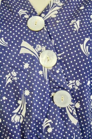 1930s Cotton House Dress M L Vintage Navy Blue White Deco Floral Print Fabric 3
