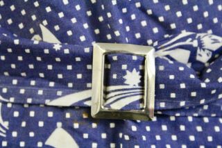 1930s Cotton House Dress M L Vintage Navy Blue White Deco Floral Print Fabric 4