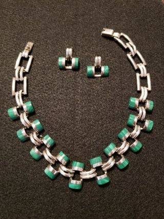 Vintage Taxco TM - 283 950 Silver Necklace Earring Set Malachite Modernist Collar 2