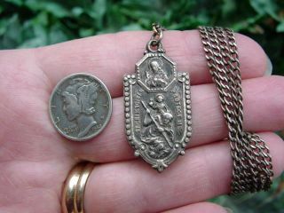 Rare Vintage/antique - Sterling Silver - St Christopher Sacred Heart Jesus Medal