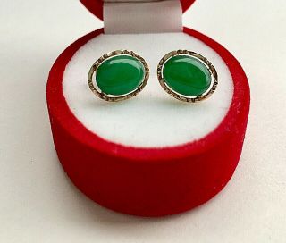 Vtg 18k Yg Undying Natural Imperial Green Jade Stud Earrings Wonderful