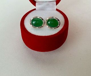 VTG 18K YG Undying Natural Imperial Green Jade Stud Earrings Wonderful 2