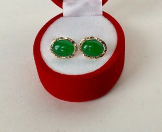 VTG 18K YG Undying Natural Imperial Green Jade Stud Earrings Wonderful 3