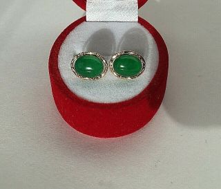 VTG 18K YG Undying Natural Imperial Green Jade Stud Earrings Wonderful 6