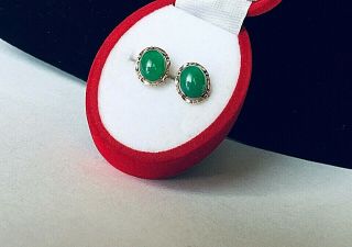 VTG 18K YG Undying Natural Imperial Green Jade Stud Earrings Wonderful 7