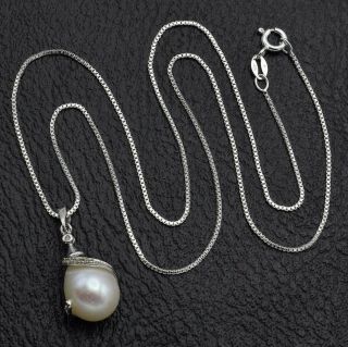 Vintage 10k White Gold Sea Pearl & Diamond Pendant Necklace 4.  8 Grams