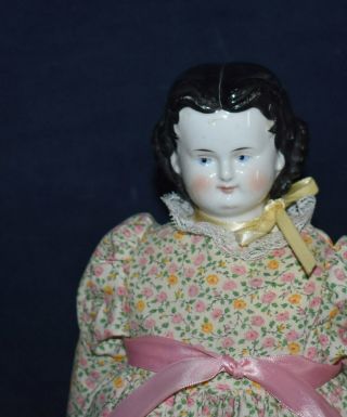 ANTIQUE GERMAN PORCELAIN CHINA HEAD DOLL HIGH BROW BROWN EYES - RARE HAIR STYLE 2