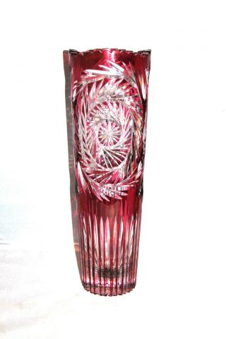 Vintage Bohemian Germany Red Cranberry Lead Crystal Cut To Clear 15 " Tall Vase
