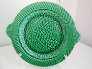 Set Of 12 Vintage French Sarreguemines Majolica Fish Plate Green Signed 1950