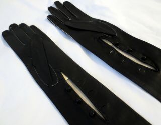 Vintage Extra Long Jet Black Leather Opera Gloves,  Size 7,  25 1/5 Inches Long 2