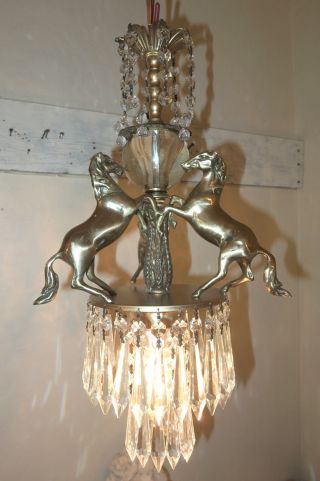 Horse Chandelier Stallion Swag Lamp Glass brass bronze Vintage Fountain BARN 2