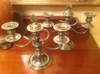 Pair Vintage Triple Candle Stick Holders Silver Plated On Copper With Snuffers