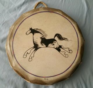 Vintage Native American Indian Painted Horse Rawhide Leather Drum 1993