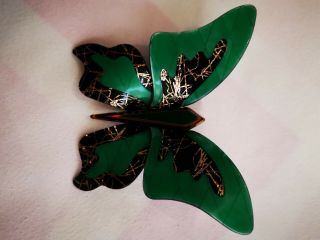 Lea Stein Emerald And Black Butterfly.  Vintage Art Deco