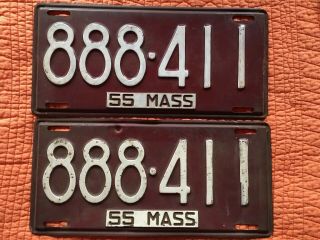 Vintage 1955 Massachusetts License Plate Pair - Cool Numbers 888•411 Y.  O.  M.  Mass