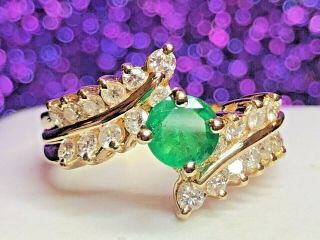 Vintage Estate 14k Gold Natural Green Emerald Diamond Ring Engagement Wedding