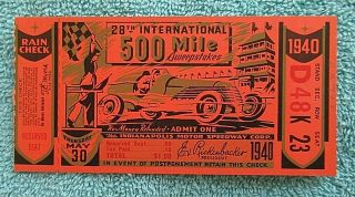 Vintage 1940 Indy 500 Ticket Stub 28th Annual 500 Mile Indianapolis 500 Race