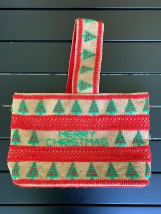 Vintage Merry Christmas Tree Burlap Tote Bag Holiday Red Green