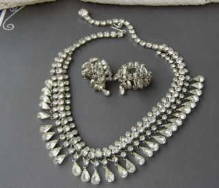 Vintage Kramer Of York Clear Rhinestone Necklace Earrings Set Dangles Bib