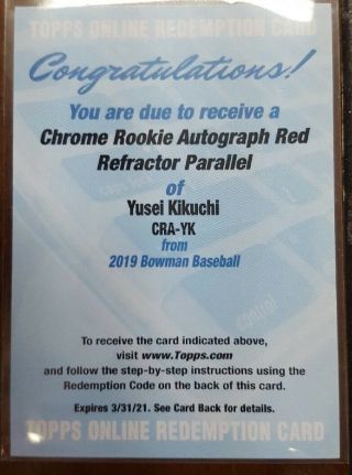 Rare Yusei Kikuchi 2019 Bowman Chrome Rookie Autograph Red Refractor /5 Auto