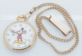 Vintage Lorus Quartz Mickey Mouse Gold Plated Pocket Watch W/chain; Y131 - 0080d