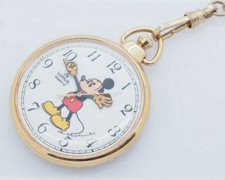 Vintage LORUS Quartz MICKEY MOUSE Gold Plated Pocket Watch w/Chain; Y131 - 0080D 2