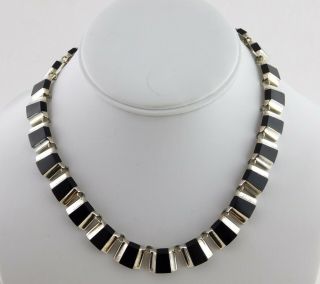 Vintage Art Deco Sterling Silver Flush Black Inset Collar Necklace Mexico 925