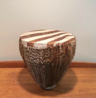 Vintage African Native Tribal Zebra Hide Covered Drum Side Table 16 " Handmade
