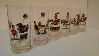 Vintage Set 6 Equestrian Highball Glasses.  By Thelwell.  Funny& Preppy Tally Ho