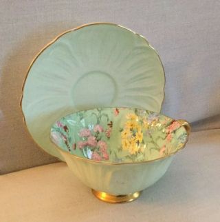 Vintage Shelley Green Melody Chintz Pattern Oleander Shape Cup & Saucer Set