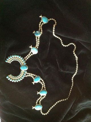VINTAGE TURQUOISE SILVER SQUASH BLOSSOM NECKLACE 2