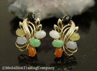 Vintage 14k Yellow Gold Multi Color Jade Floral Leaf Cluster Omega Post Earrings