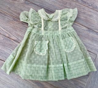 Vintage 1950s Baby Girls Flocked Green Sheer Party Dress Daddy ' s Girl Big Doll 2