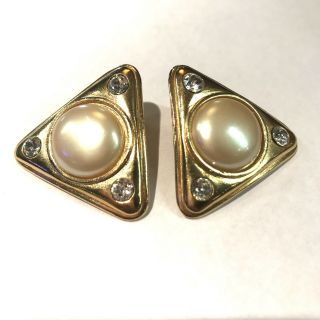 Vintage Large Ysl Yves Saint Laurent Pearl Gold Pearls Clip On Earrings