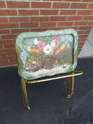 Vintage Tv Trays - Matching Set Of 4 With Carrier Flowers & Fruit Pattern 1960 