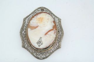 Deco Vintage Carved Shell Cameo Diamond Pendant 10k White Gold Pin Brooch