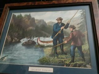 Salmon Fishing By Currier And Ives Framed Vintage Art Prints