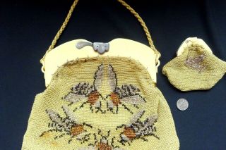 Vintage Bee Bag Purse Art Deco Beaded French Faux Tortoise Cream Cellulo Frame