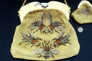 Vintage Bee Bag Purse Art Deco Beaded French Faux Tortoise Cream Cellulo Frame 2