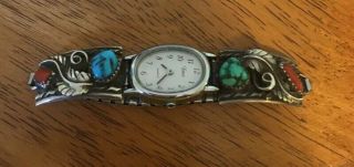 Vintage Navajo Sterling,  Turquoise & Coral Watch Band,  Old Pawn,  30,  Grams