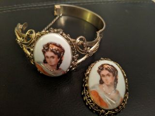 Limoges Hand Painted Cameo Hinged Bangle Bracelet And Brooch - Whiting & Davis