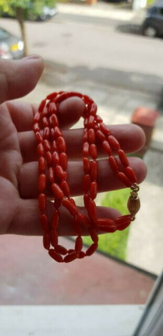 Vintage,  Carved Deep Red Coral Necklace With 9 Ct Yellow Gold Clasp
