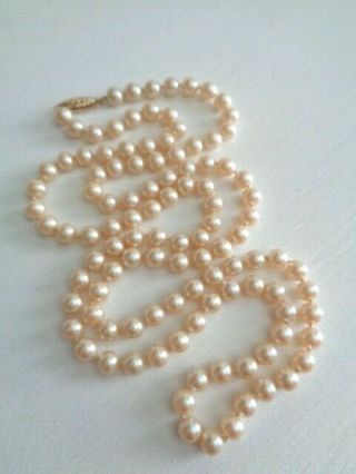 Vintage 6mm Pearl Strand Necklace Hand Knotted 14k Gold Clasp 30 " L 38 Grams